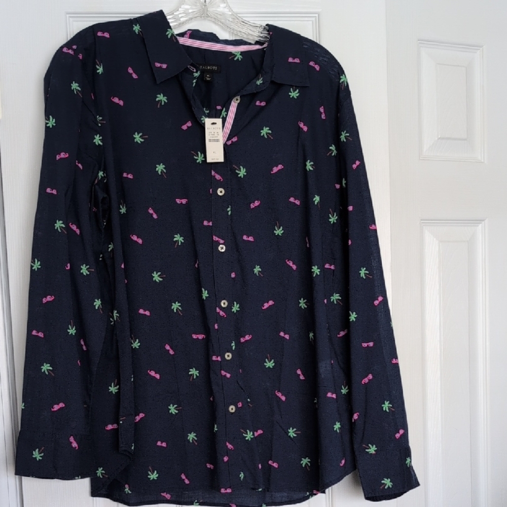 Talbots Navy Shirt with Pink and Green Accents